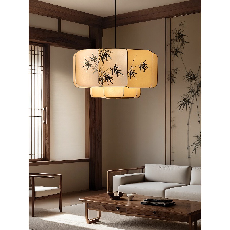 宋代美学布艺竹叶水墨画文人墨客客厅吊灯禅意餐厅吊灯卧室主灯|undefined