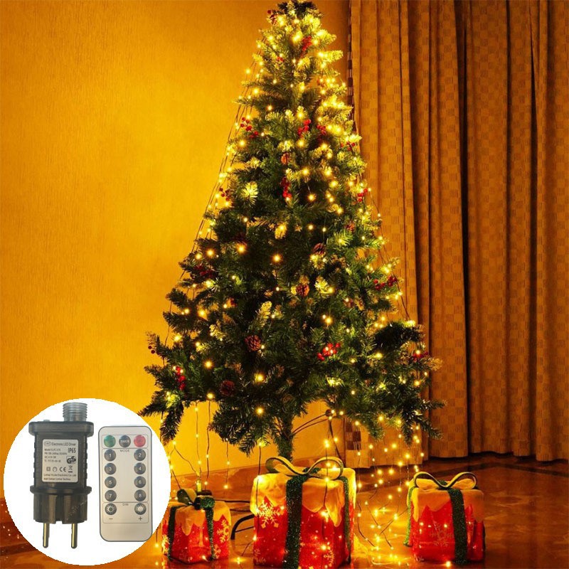Transfronterizos nueva línea de cuero verde oscuro lámpara LED anillo de árbol de Navidad iluminación de techo decoración de cascada cadena de lámparas parpadeantes