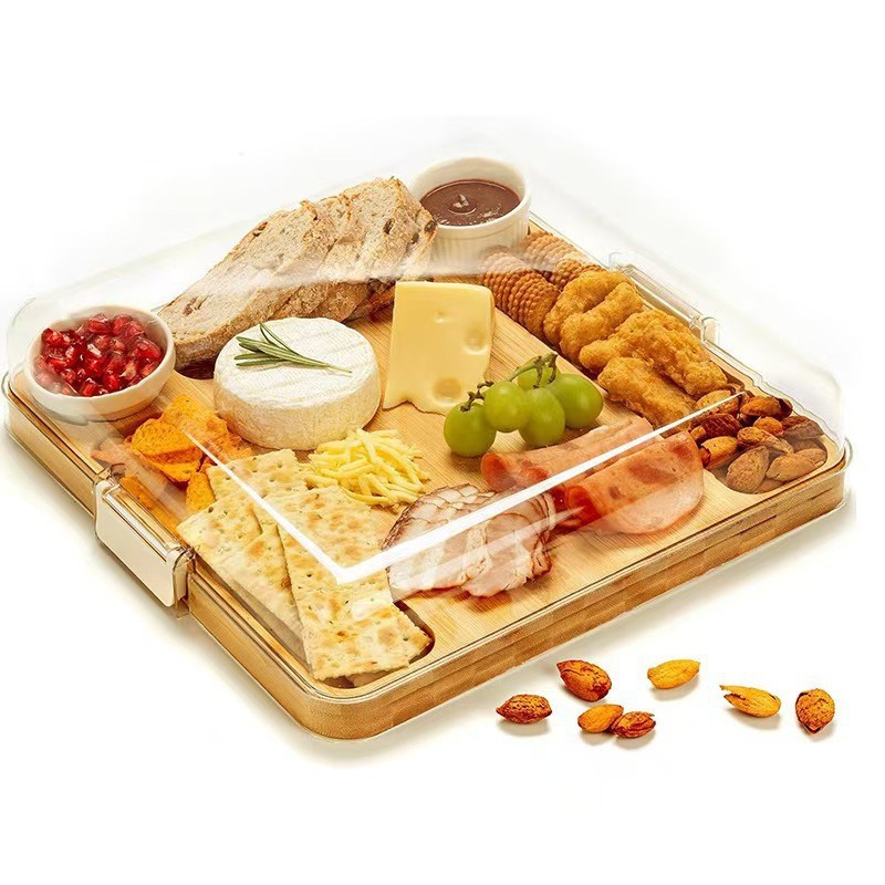 bandeja dividida de bambú con cubierta acrílica transparente formato dividido para fiesta doméstica pasteles bandeja de frutas y bocadillos