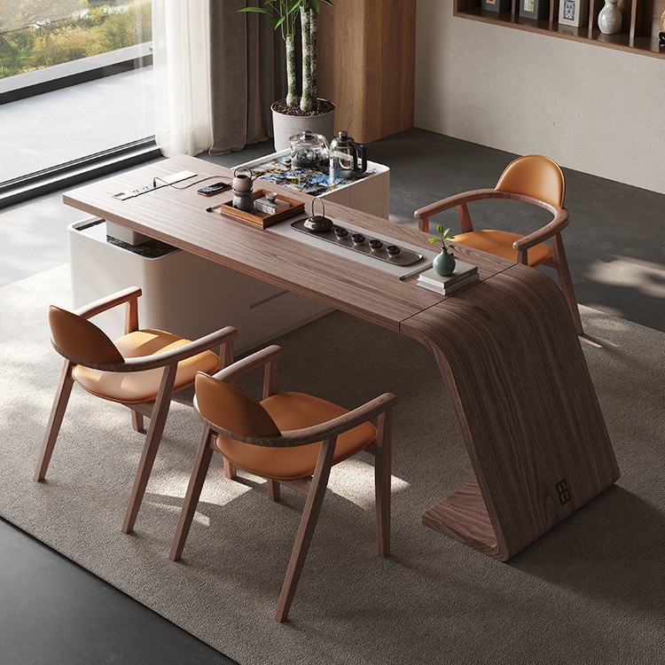 Mesa de té, tetera, integrado, lujo ligero moderno, sensación de alta gama, mesa de té de madera maciza, mesa de computadora combinada