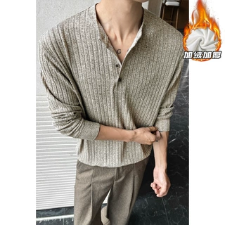 复古老钱针织亨利衫长袖T恤男秋冬季加绒加厚简约长袖宽松打底衫