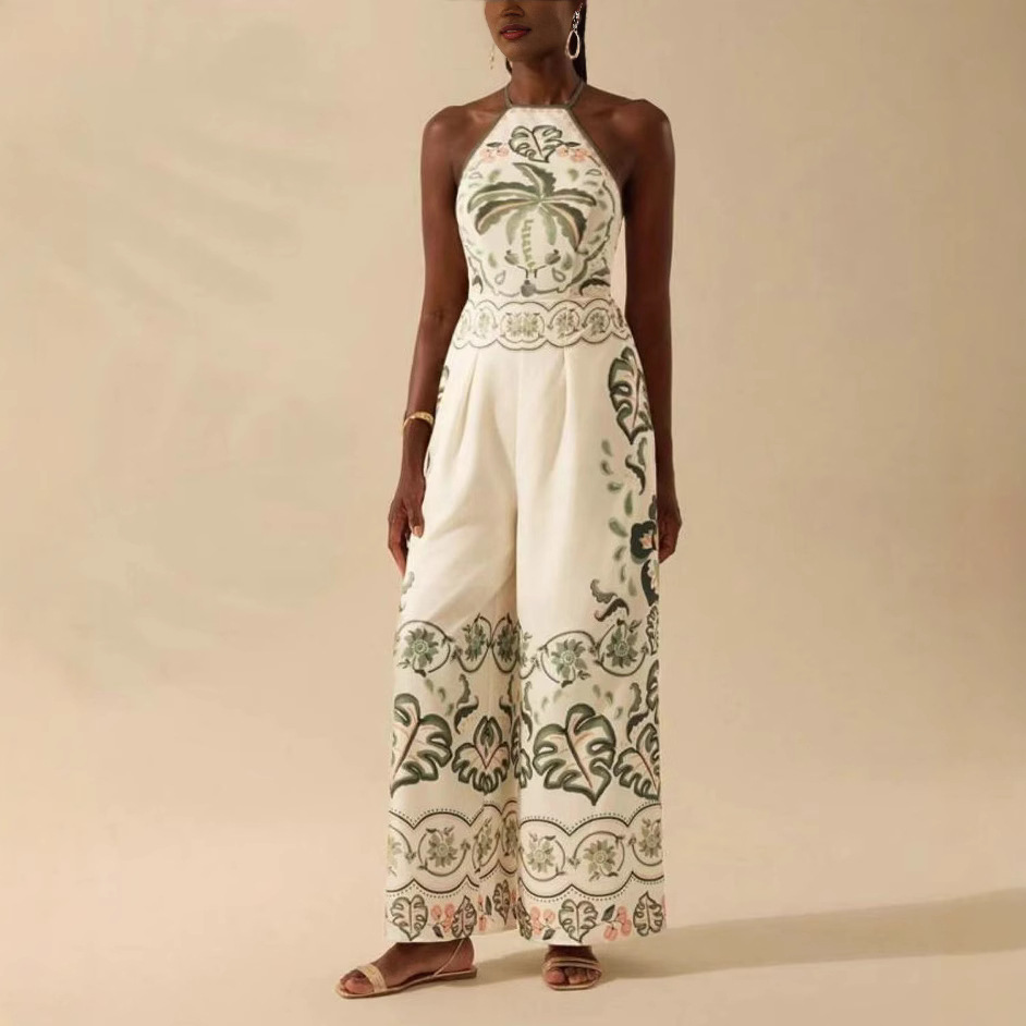 Sexy Printed Sleeveless Halter Neck Wide Leg Jumpsuit European American Style for Women Cross Border Independent Website_ecoleips.com