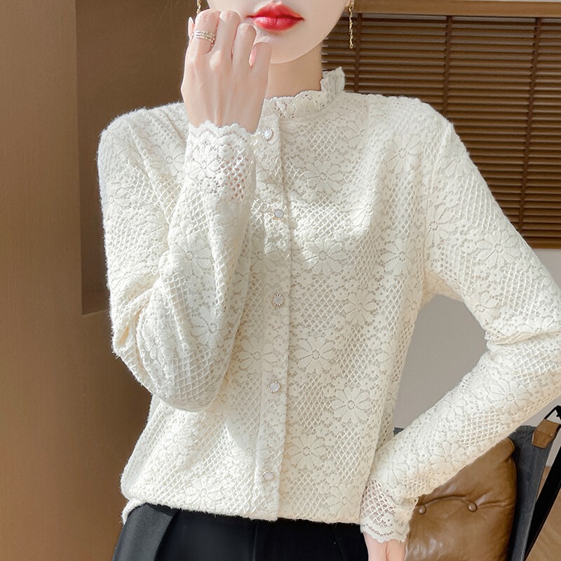 French Raff Collar Lace fleece-lined Shirt Women's Wood Ear Cotton Collar Heat Storage Warm Inner Long Sleeve Knitted Base