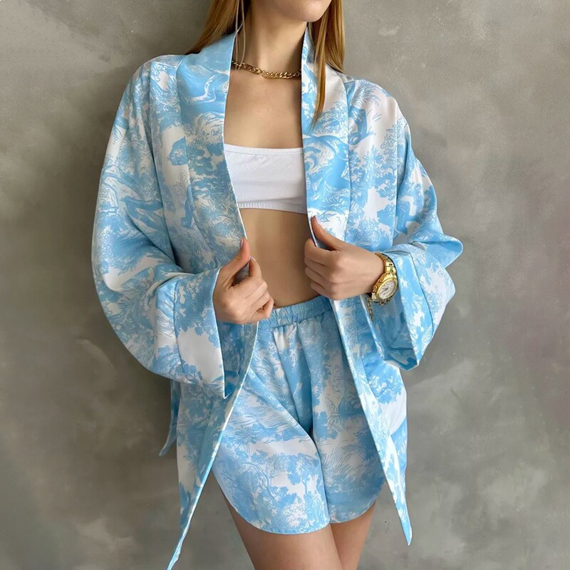 European and American Style 2026 Satin Blue Printed Cardigan Robe Long-Sleeve Shorts Women's Loungewear Casual Comfortable Pajama Set European and American Style 2026 Satin Blue Printed Cardigan Robe Long-Sleeve Shorts Women's Loungewear Casual Comfortable Pajama Set