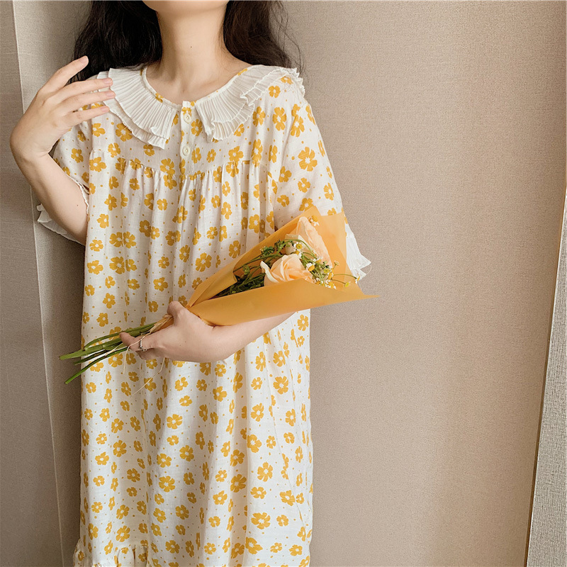 一件代发日韩系可爱麻棉睡裙雪纺拼接领可爱花朵印花少女薄款睡衣