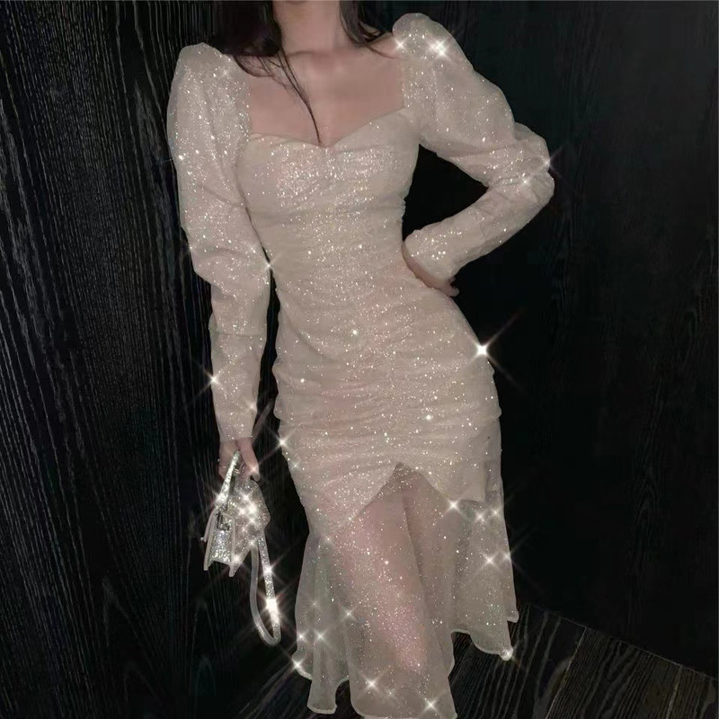 Special Clearance Sale: New Stylish and Elegant Square-Neck Slim-Fit Pleated Shiny Goddess Dress Long Skirt