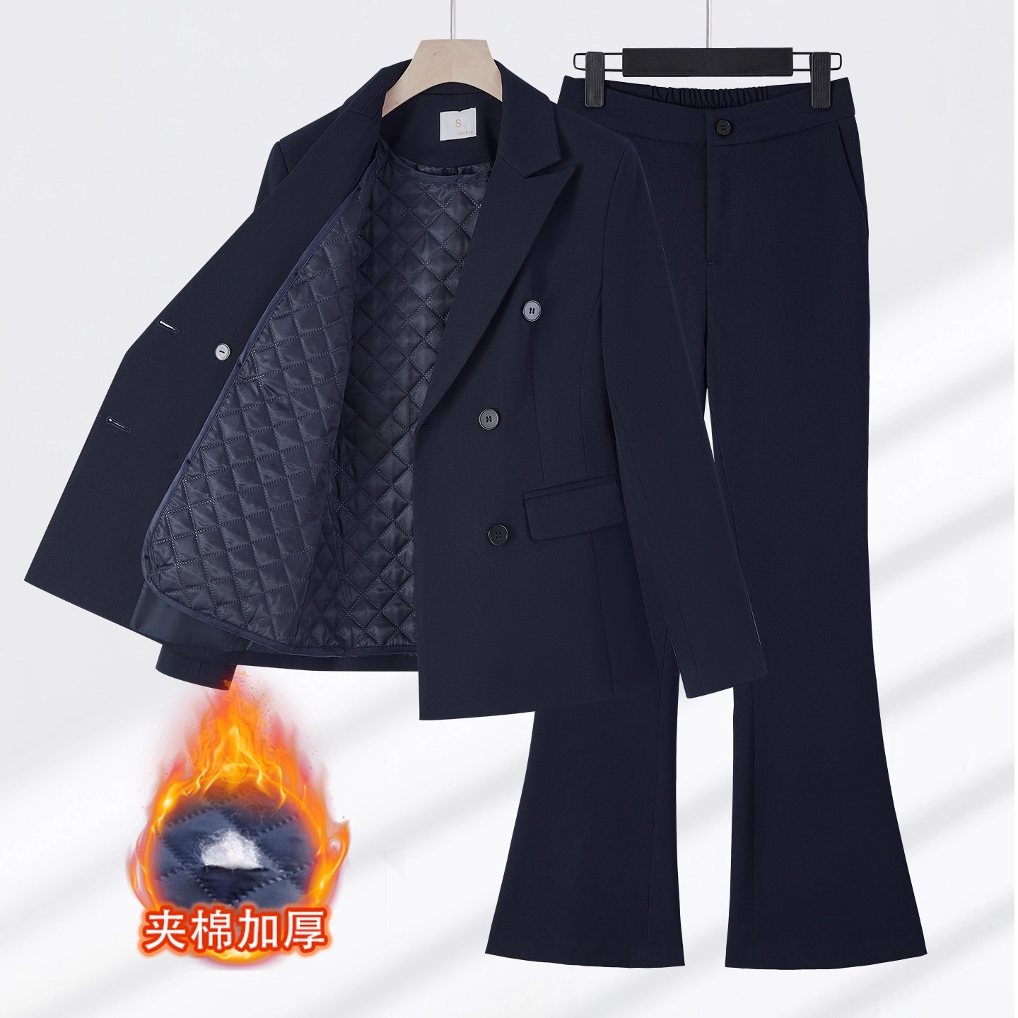 藏青色夹棉加厚西装套装女冬季新款酒店前台工作服公务员面试正装