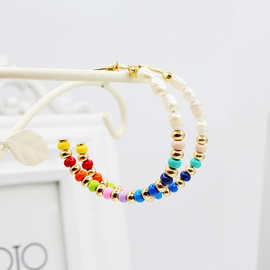 欧美夸张个性淡水珍珠U型耳环彩色搪瓷珠间隔半圆C形圆管耳坠现货