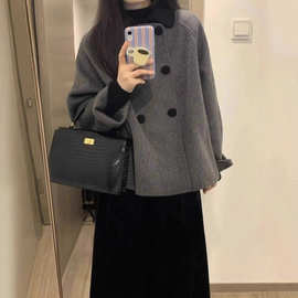 韩系赫本风毛呢外套女2025年秋冬复古加厚小个子灰色短款呢子大衣