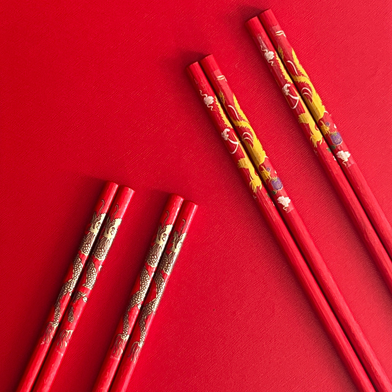 Dragon and Phoenix Red Wedding Chopsticks, Household Chinese Red Festive Bamboo Chopsticks for Offering to Buddha, Hotel Public Chopsticks Wholesale Wedding Gifts