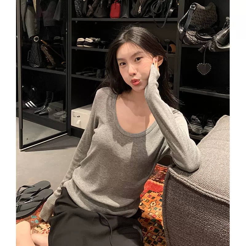 楠涛莱赛尔亚麻U领针织长袖T恤女早秋新款辣妹纯欲修身显瘦上衣