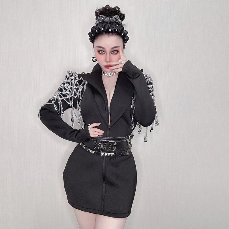 Evening Dress Birthday Clothing Sexy Deep V Suit Style Short Skirt Long Sleeve Standing Shoulder Sleeves Tassel Luxury Elegant Evening Dress