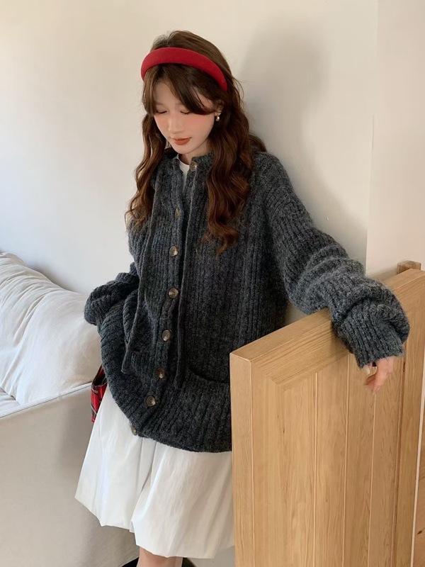 美式复古慵懒风连帽毛衣外套女秋冬季新款学院风宽松休闲针织开衫|undefined