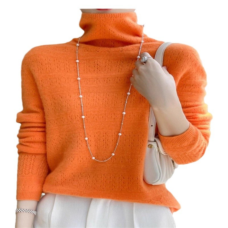 2025 새로운 도착 전선 의류 캐시미어 더미 칼라 니트 스웨터 여성용 짧은 할로우 울 스웨터베이스 탑