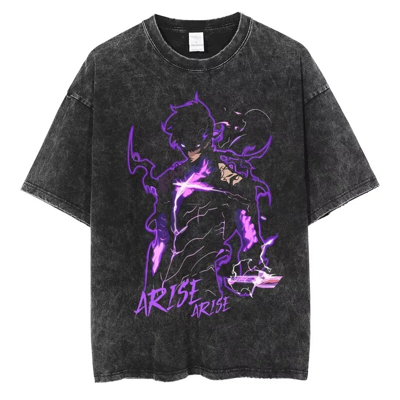 Comic T-Shirt Anime Sung Washed Style Jin Solo T-Shirt Men's Cotton Retro Print 2025 Casual Woo