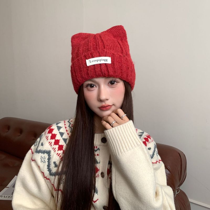 可爱猫耳朵针织毛线帽女韩版显脸小毛线帽秋冬加厚保暖护耳包头帽|undefined