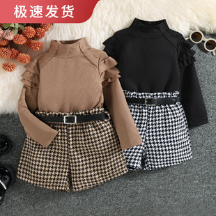 European and American Foreign Trade Children's Wear Autumn High Collar Lotus Leaf Lace Design Long Sleeve Thousand Bird Shorts with Belt Suit