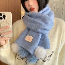 新款毛球装饰韩版围巾女冬季保暖百搭毛线可爱围脖氛围感加厚保暖