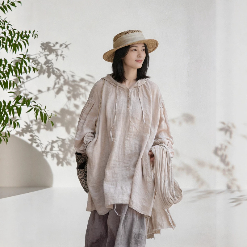Summer Style Beige Raindrop Linen Long Shirt Top, Lightweight, Breathable, Loose-Fitting, Sun-Protective Hooded Robe D0502 Summer Style Beige Raindrop Linen Long Shirt Top, Lightweight, Breathable, Loose-Fitting, Sun-Protective Hooded Robe D0502