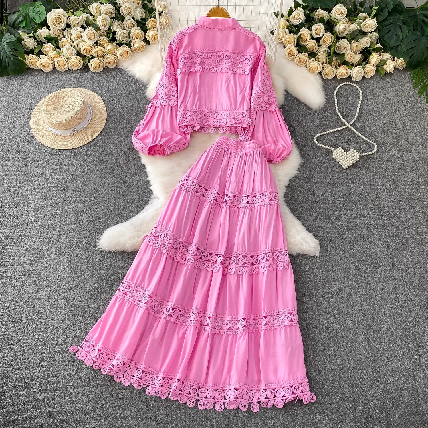 Elegantes Damen Zweiteiler Set Rosa Spitzenbluse Mit Rock_voghion.com