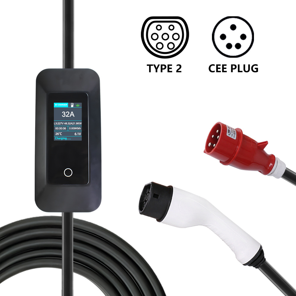 新款跨境22KW充电枪欧标三相家用便携式充电枪随车充汽车AC充电桩