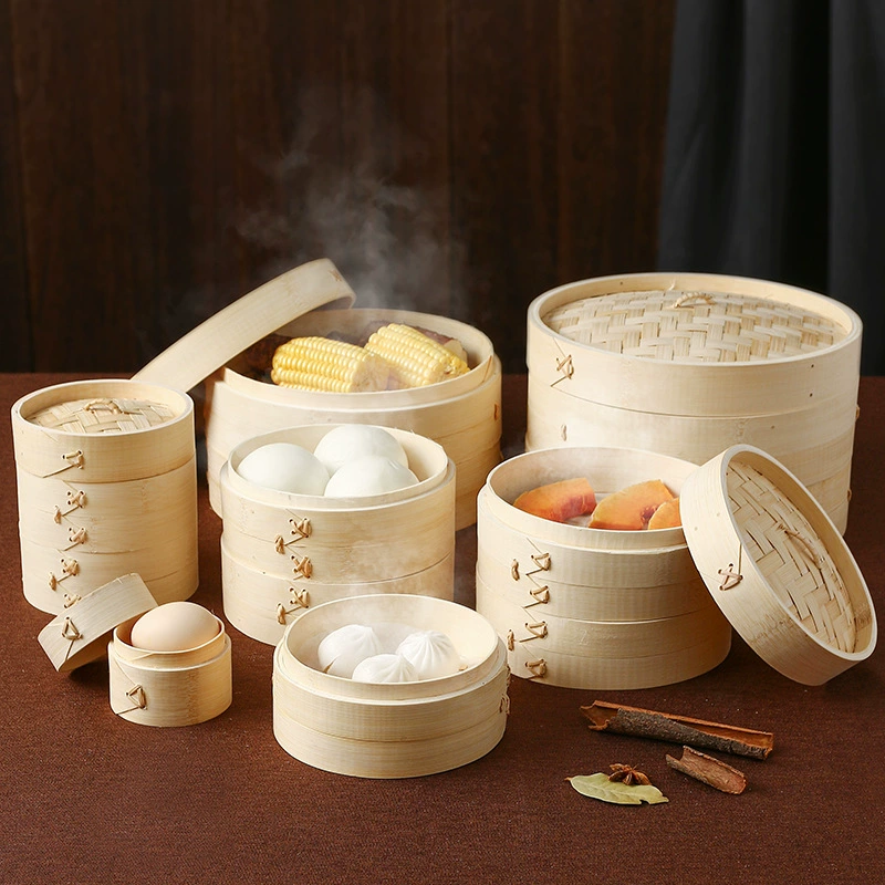 Bamboo steamer (Nixin), natural bamboo woven, stackable, sizes 8–40 cm