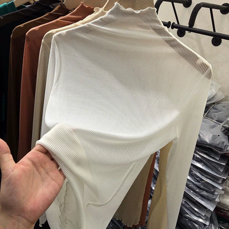 Шифоновая рубашка с коротким воротником, кружевная футболка с длинными рукавами, топ на раннюю осень 2021, женская новая сетчатая Базовая рубашка для ушей