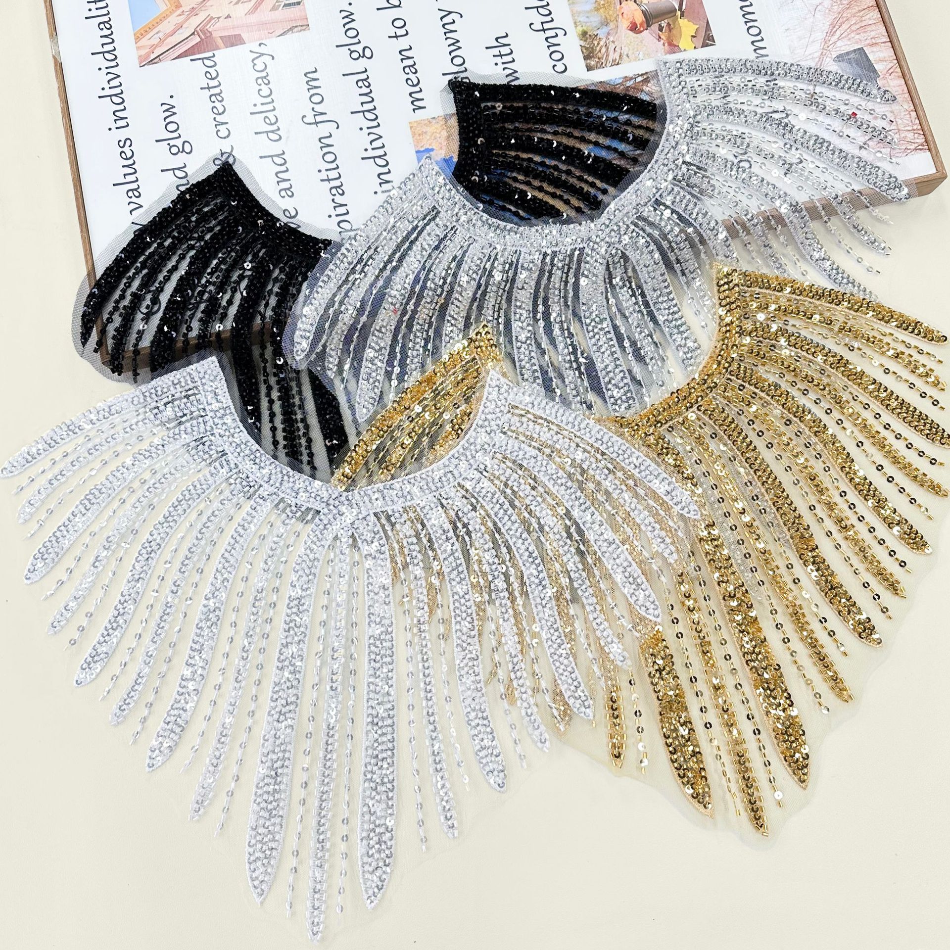 Sequin cuello de cuentas de tubo de bordilla accesorios de decoración de collar negro plata oro sequin cuello accesorios de collar de ropa transpirable