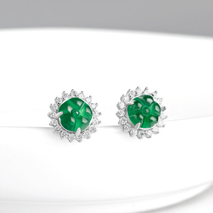 S925 Silver Inlaid Natural A-Grade Jadeite Sun Green Petal Earrings Jade Earrings High-End Simple and Fashionable Women's Model