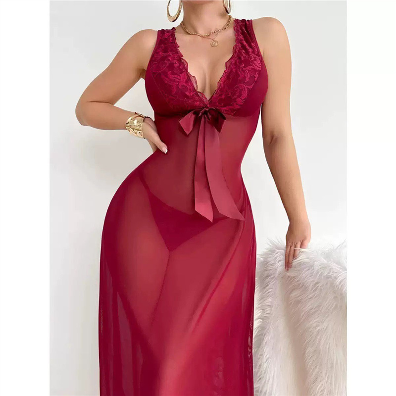 European and American New Fashion Cross-Border Women's Clothing: Stylish V-Neck Strap Dress with Bow, Back Slit, Thin Hollow-Out Bodycon Dress European and American New Fashion Cross-Border Women's Clothing: Stylish V-Neck Strap Dress with Bow, Back Slit, Thin Hollow-Out Bodycon Dress