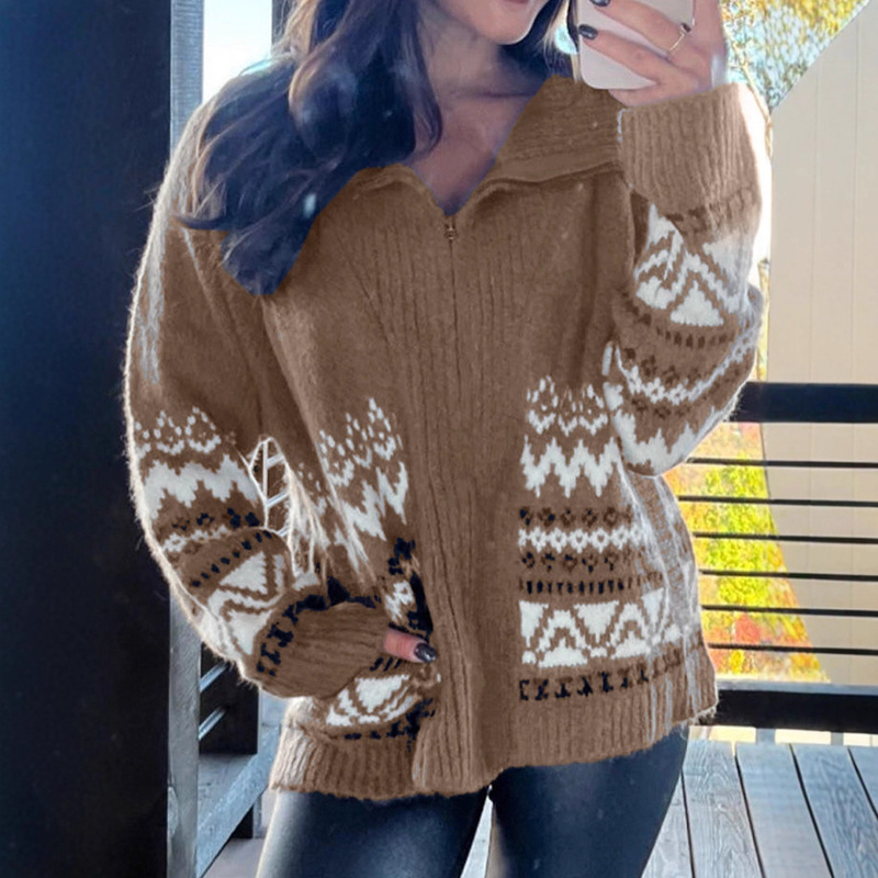 Independent Station Cross-Border Hot Sale Winter New Lapel Long-Sleeved Tops for Women European and American Fashion Western Printed Sweaters for Women