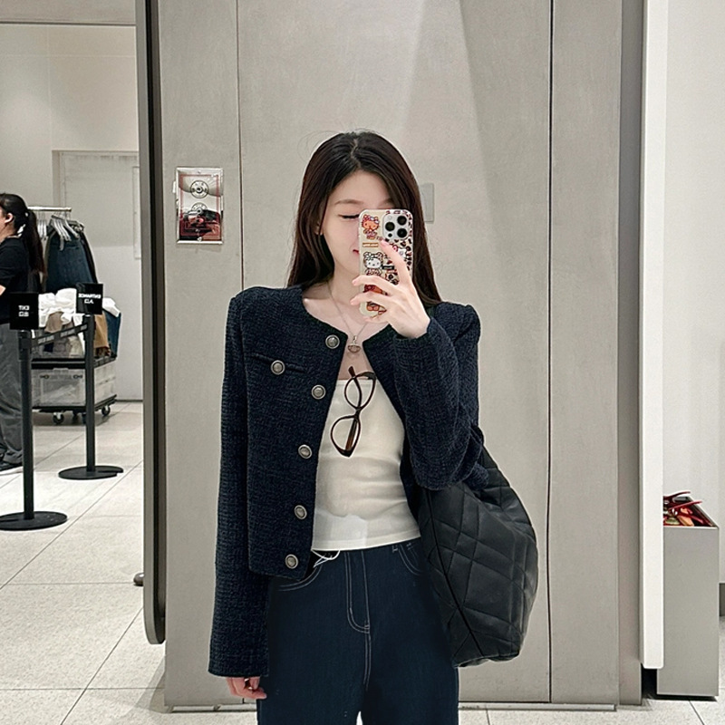 藏蓝色短款小香风单排扣外套复古高级休闲宽松长袖上衣女|undefined