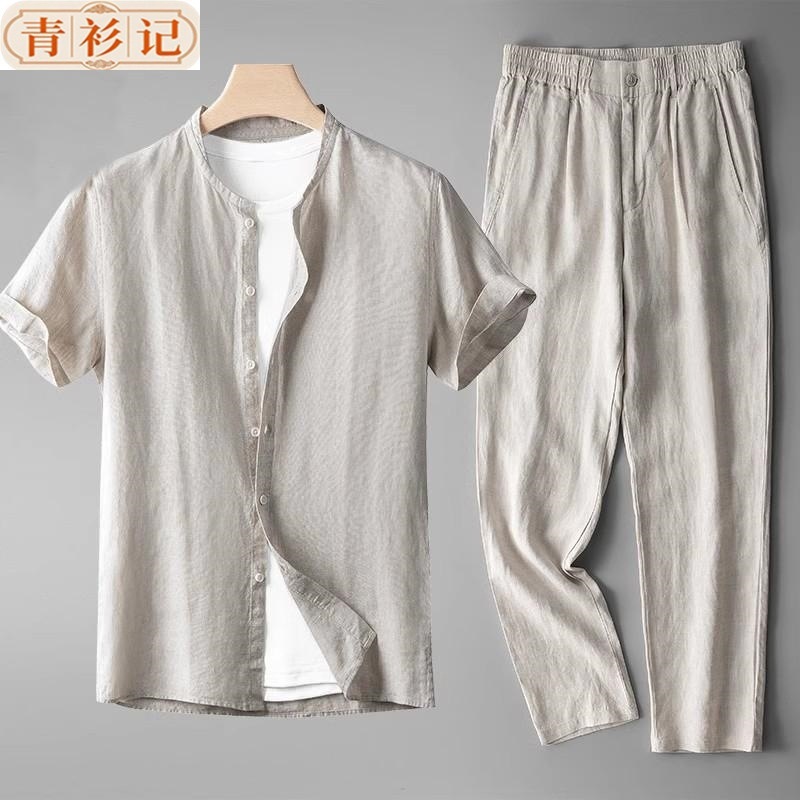 Nuevo conjunto de ropa de lino chino para hombres retro delgado de manga larga estilo chino algodón lino transpirable camisa casual de dos piezas