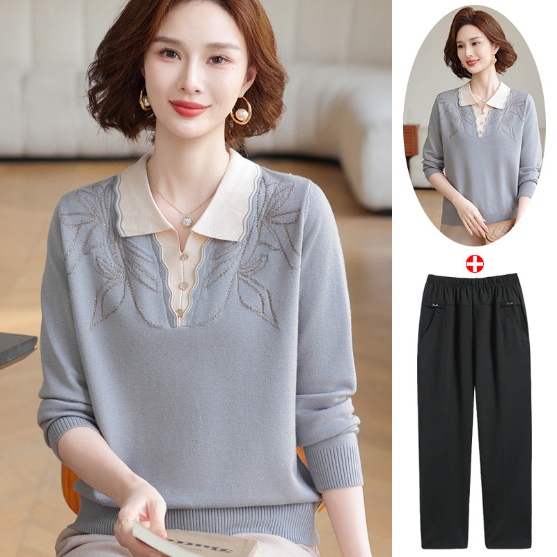 Mom's Spring 2026 New Style Elegant Lapel Thin Sweater for Middle-Aged and Elderly Women Knitted Long-Sleeve Base Shirt