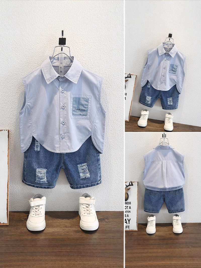 7939 camisas para niños verano nuevo estilo para niños bolsillos sueltos camisa sin mangas azul chaleco casual para niños de moda