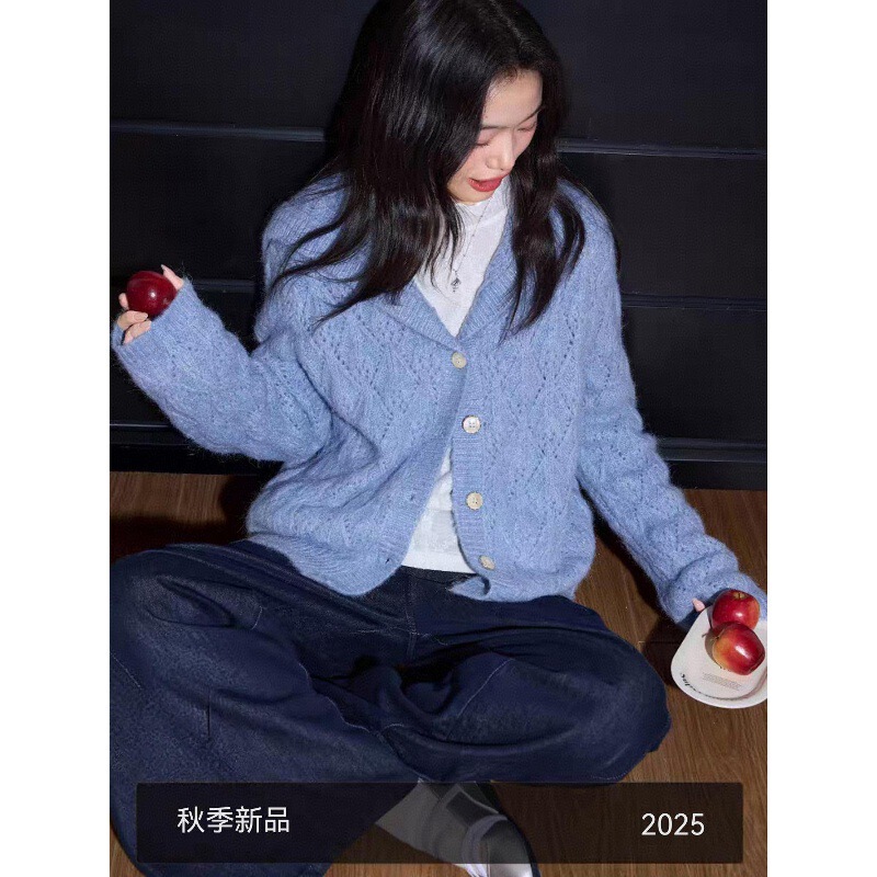 Blue Lazy Navy Collar Cut Out Knitted Cardigan Top for Women 2025 Autum New Long-Sleeved Sweater Jacket Blue Lazy Navy Collar Cut Out Knitted Cardigan Top for Women 2025 Autum New Long-Sleeved Sweater Jacket