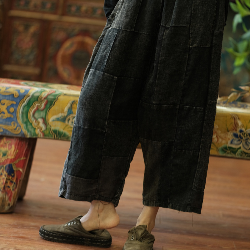 Luoguni Light Custom-Made Retro Cotton and Linen Handmade Patchwork Straight-Leg Eight-Quarter Pants 1527 Black Patchwork