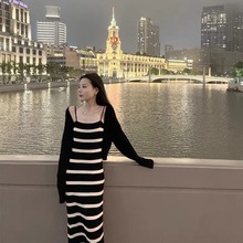 春夏2025年新款小香风法式气质长袖针织吊带连衣裙子女秋冬两件套