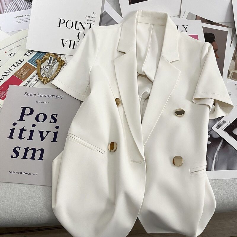 25 Summer White Blazer, High-End Thin Style, New Casual Loose-Fitting Elegant Top, Short-Sleeve Petite Suit