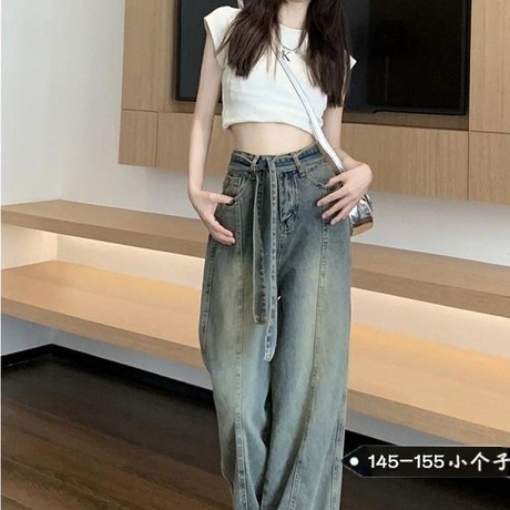 小个子复古绑带毛边拖地牛仔裤女春夏新款直筒显瘦宽松阔腿长裤潮