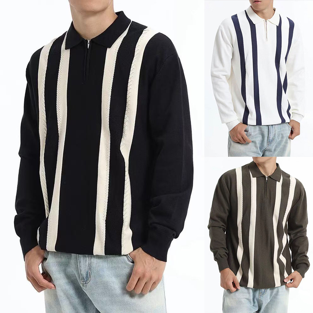 Polo camisa de punto camisa de manga larga suéter hombre solapa media cremallera vieja primavera y otoño rayas fábrica transfronteriza al por mayor