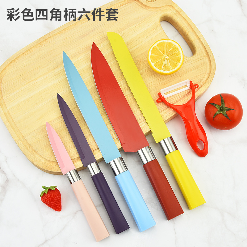 Nuevo cuatro-esquina mango de seis piezas cuchillo conjunto traje Arco Iris color cuchillo de cocina de acero inoxidable cuchillo regalo caja de color al por mayor