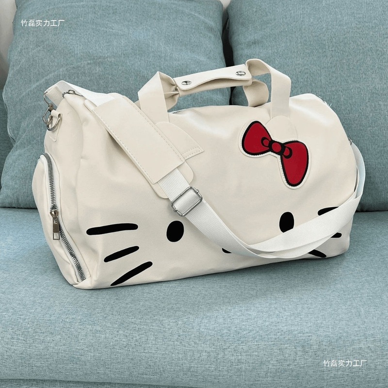 シンプルで見栄えの良い漫画かわいい大型バッグレディースバッグシングルショルダーリボン猫ポータブルフィットネスバッグクロスボディトラベルバッグ|undefined