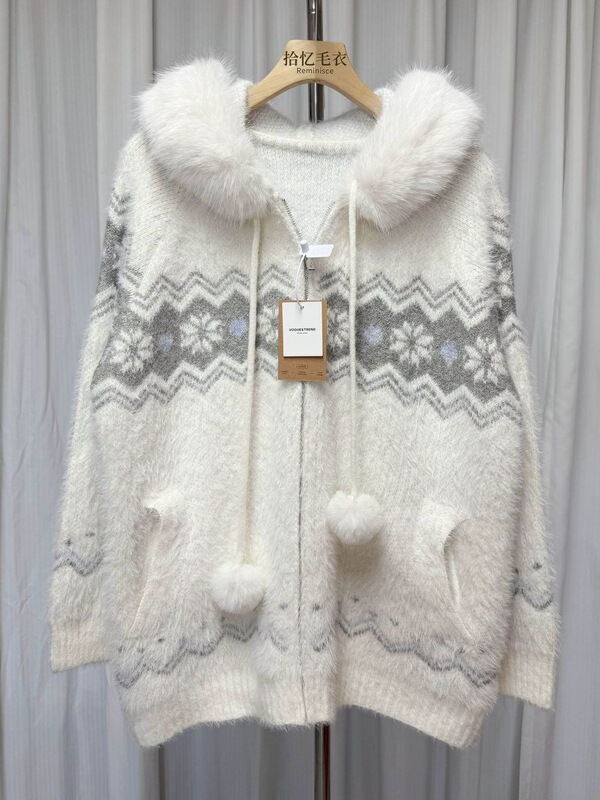 Fair Isle hooded knitted cardigan for women, 2026 autumn and winter new style, casual loose mink wool thickened coat top
