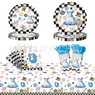新款水彩爱丽丝主题派对装饰用品一次性桌布纸盘纸巾纸杯餐具套装