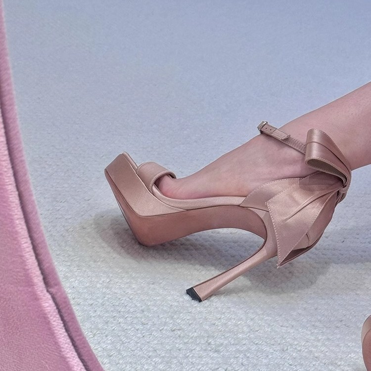 French Style Platform Champagne Bow High Heels Women's Stiletto Heel Lolita Ballet Banquet Sandals with Buckle