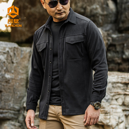 Men's Outdoor Tactical Fleece Lined Long Sleeve Shirt, Heavy Duty Crew Neck Insulated Shirt, Warm Fleece Sweatshirt, Spring and Autumn Inner Layer Shirt
