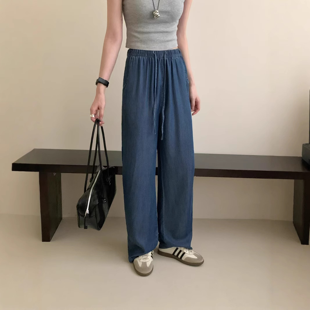 100 Lyocell Tencel Straight Casual Pants Women's Summer Thin Loose All-match Dipped Slim Wide Leg Jeans