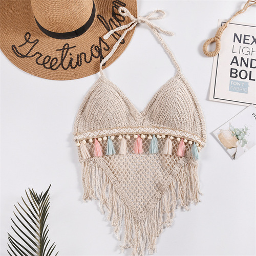 Small vest suspender women's summer halterneck short style knitted top with breast pads backless hollow tube top embroidered vest