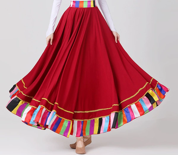 Standing collar wine red 360 -degree skirt